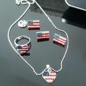 USA flag lapel pin, earrings, heart necklace, ring